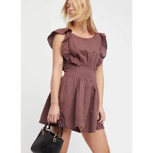 Free People Women's Small‎ Erin Ruffle Sleeve Open Back Skater Mini Dress Brown